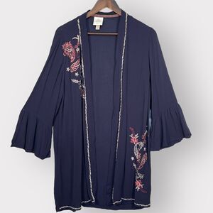 Knox Rose Open Cardigan Women M Blue Embroidery‎ Rayon Soft Fabric Flared D22